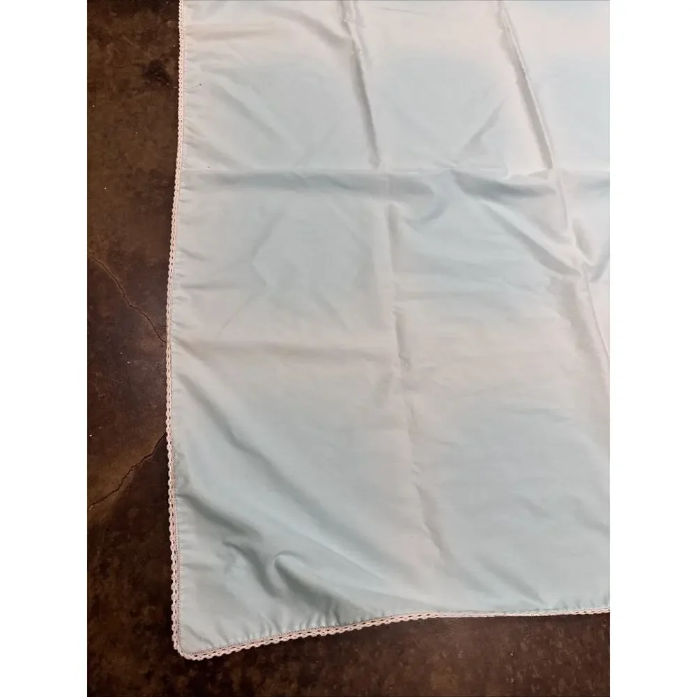 Vtg 60s 70s Baby Blanket Blue Embroidered Bunny Crochet Lace Cottagecore 43x39”